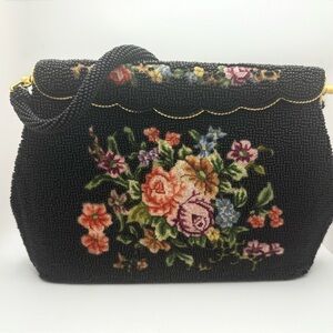 Vintage Floral Hand Made Petite Needle Point Beaded Shoulder Bag